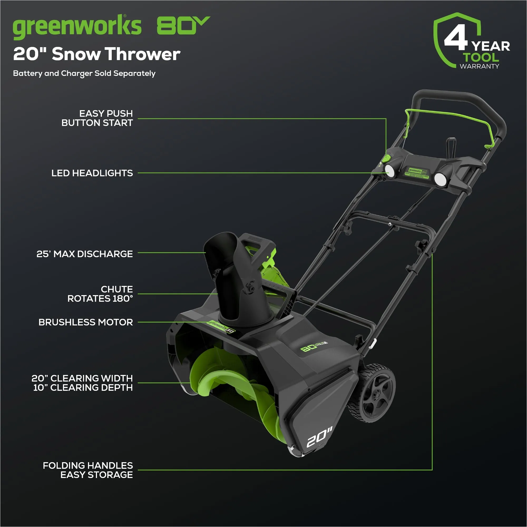80V 20-Inch Cordless Single-Stage Snow Blower - Battery Operated, Tool Only