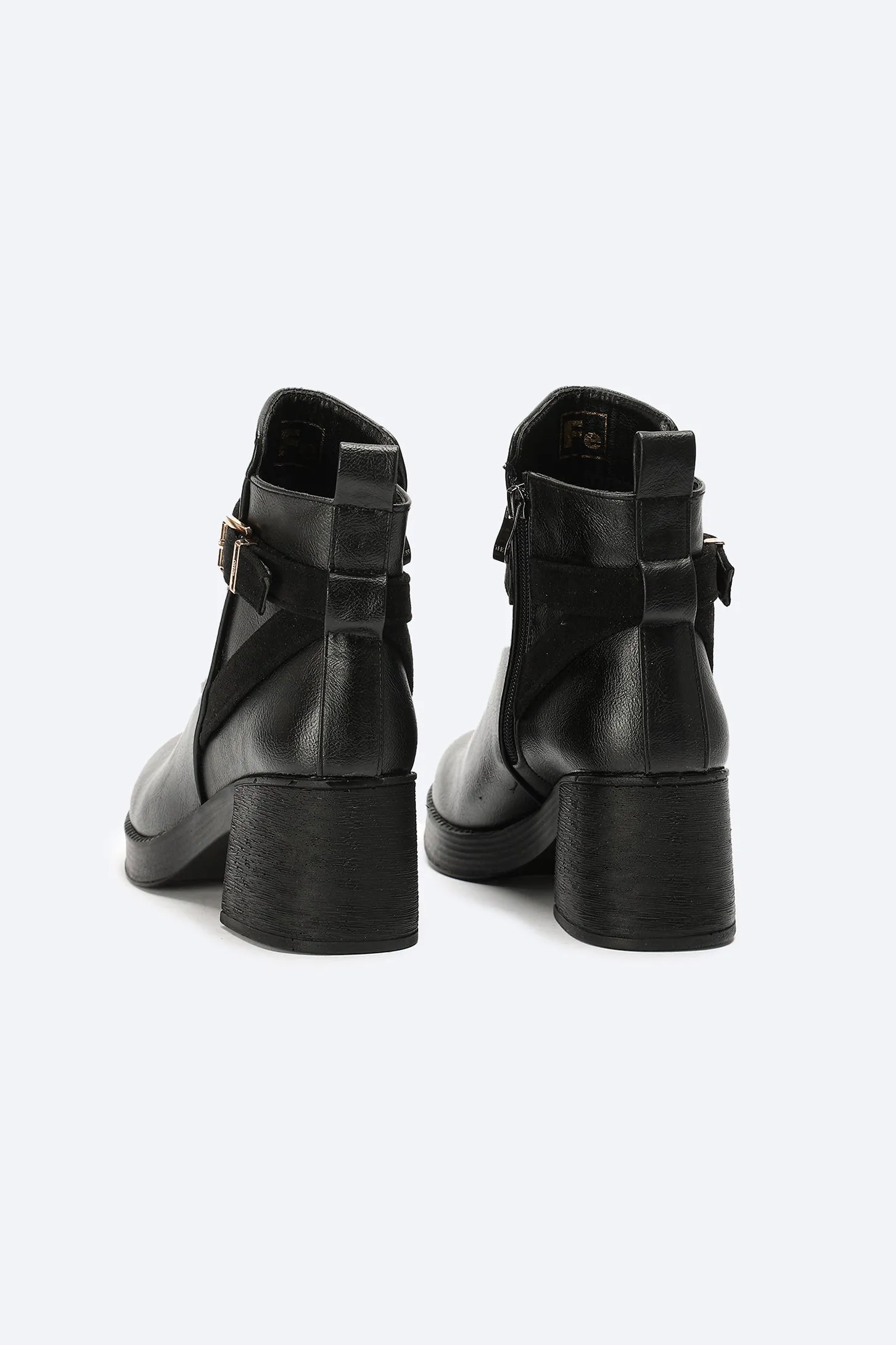 Ankle Boots - Buckle Strap - Block High Heel - Black