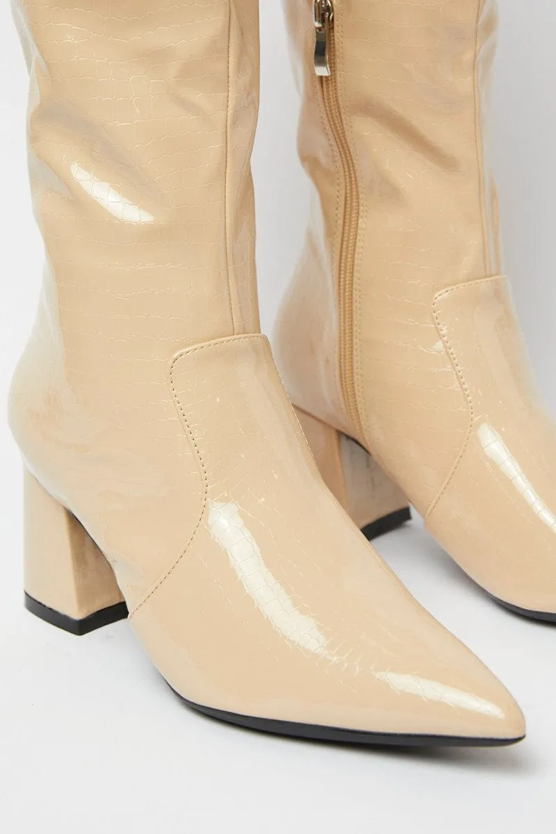 Beige Knee High Boots in Patent Faux Croc
