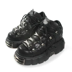 Black Chunky Platform Shoes With Silver Lace Dividers