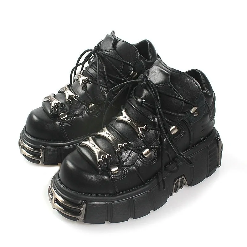 Black Chunky Platform Shoes With Silver Lace Dividers